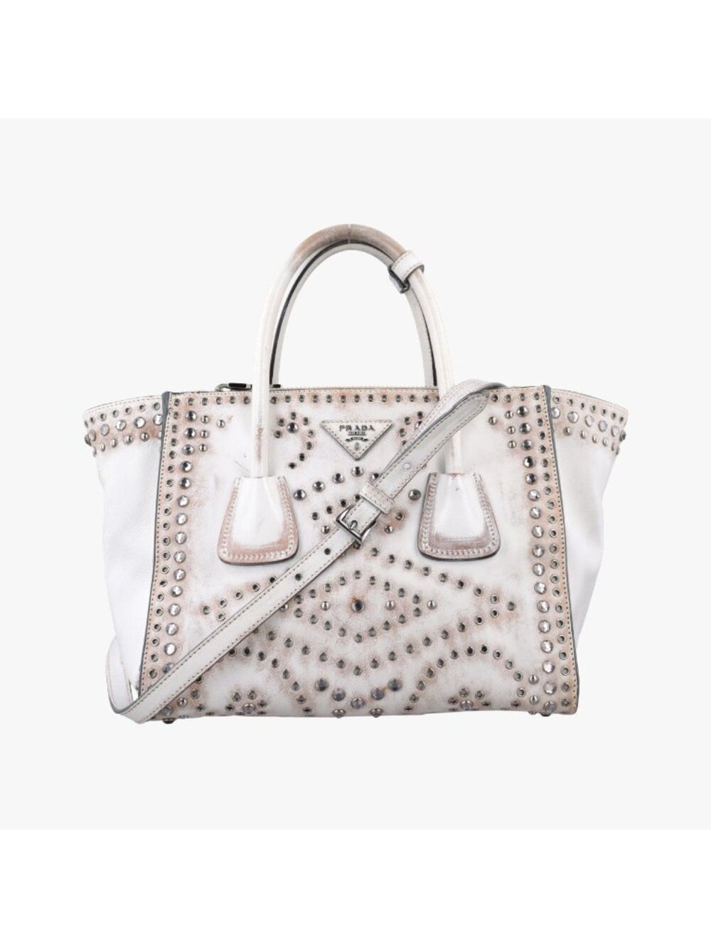 Prada Vitello Vintage Studded Sound White Leather